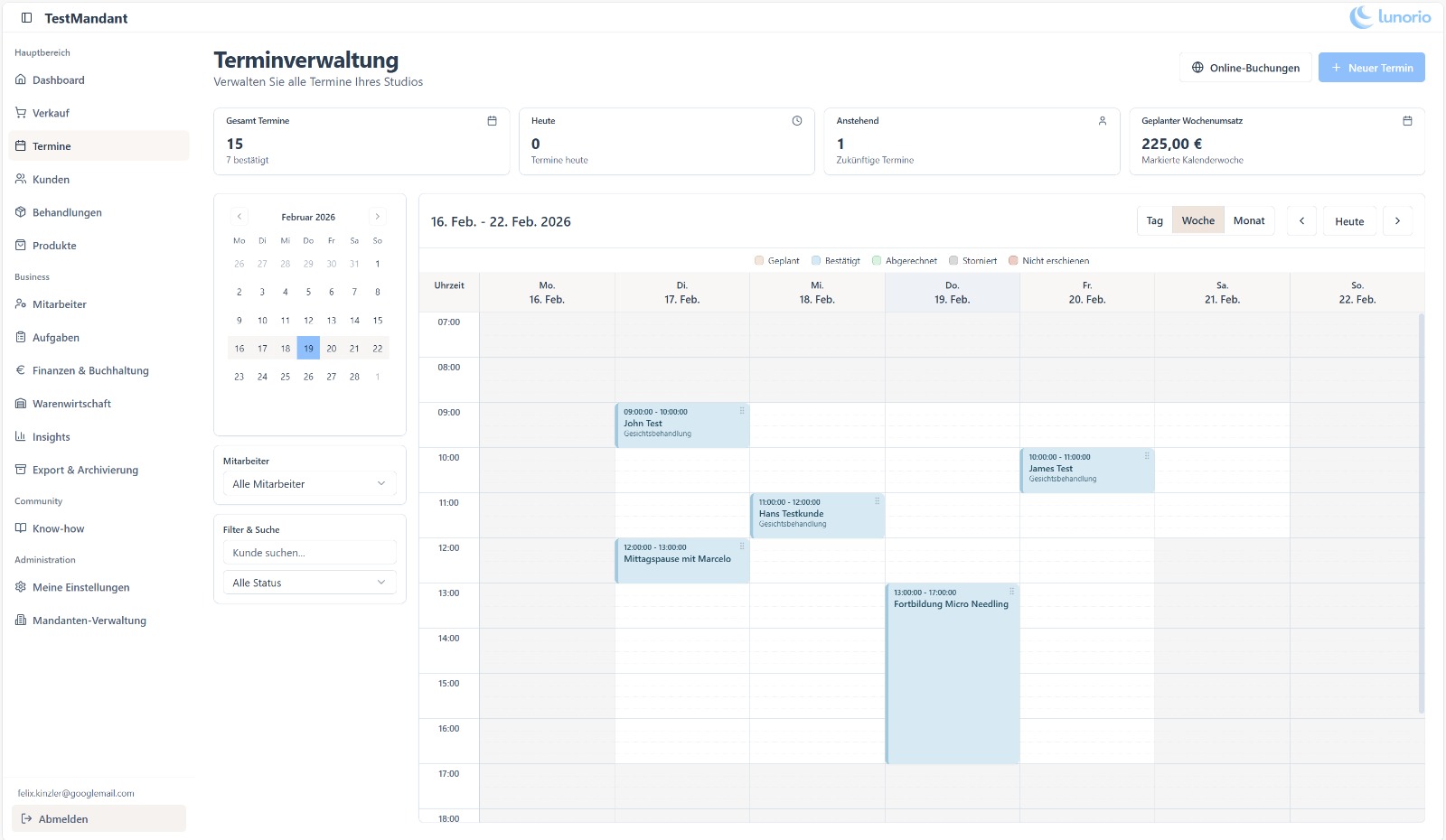 lunorio Dashboard — Terminverwaltung mit Wochenkalender, Kundenverwaltung und Statistiken